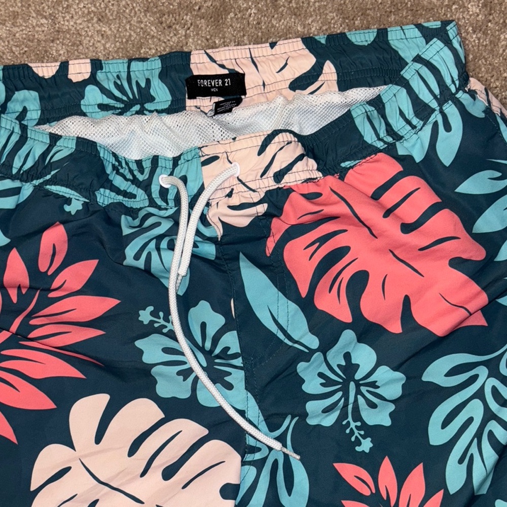 Forever 21 Tropical Print Swim Trunks - Teal and Coral